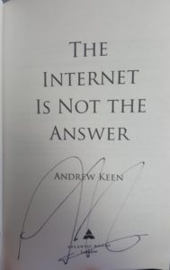 Autographed page of book 'The Internet is not the answer"