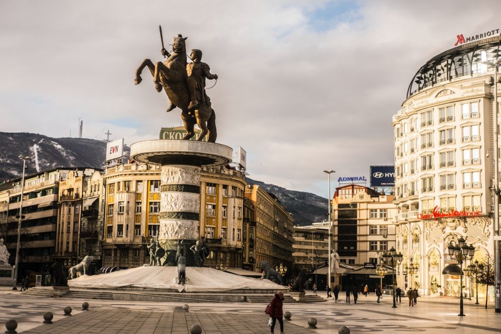 The main square at North Macedonia with Alexander the Great statue.